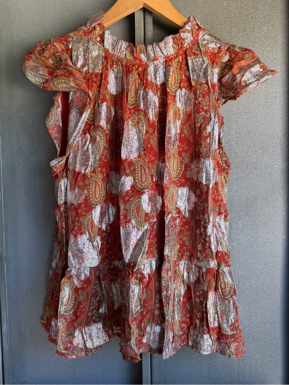 Anthropologie Let Me Be Rust Gold Metallic Paisley Ruffle-Neck Blouse